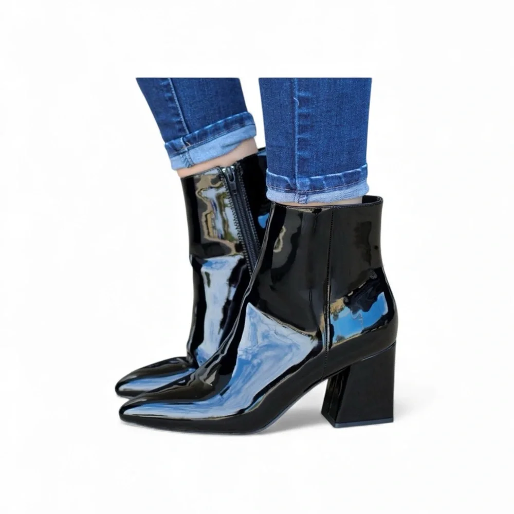 New Bamboo Black Patent Leather Ankle Boots No Box